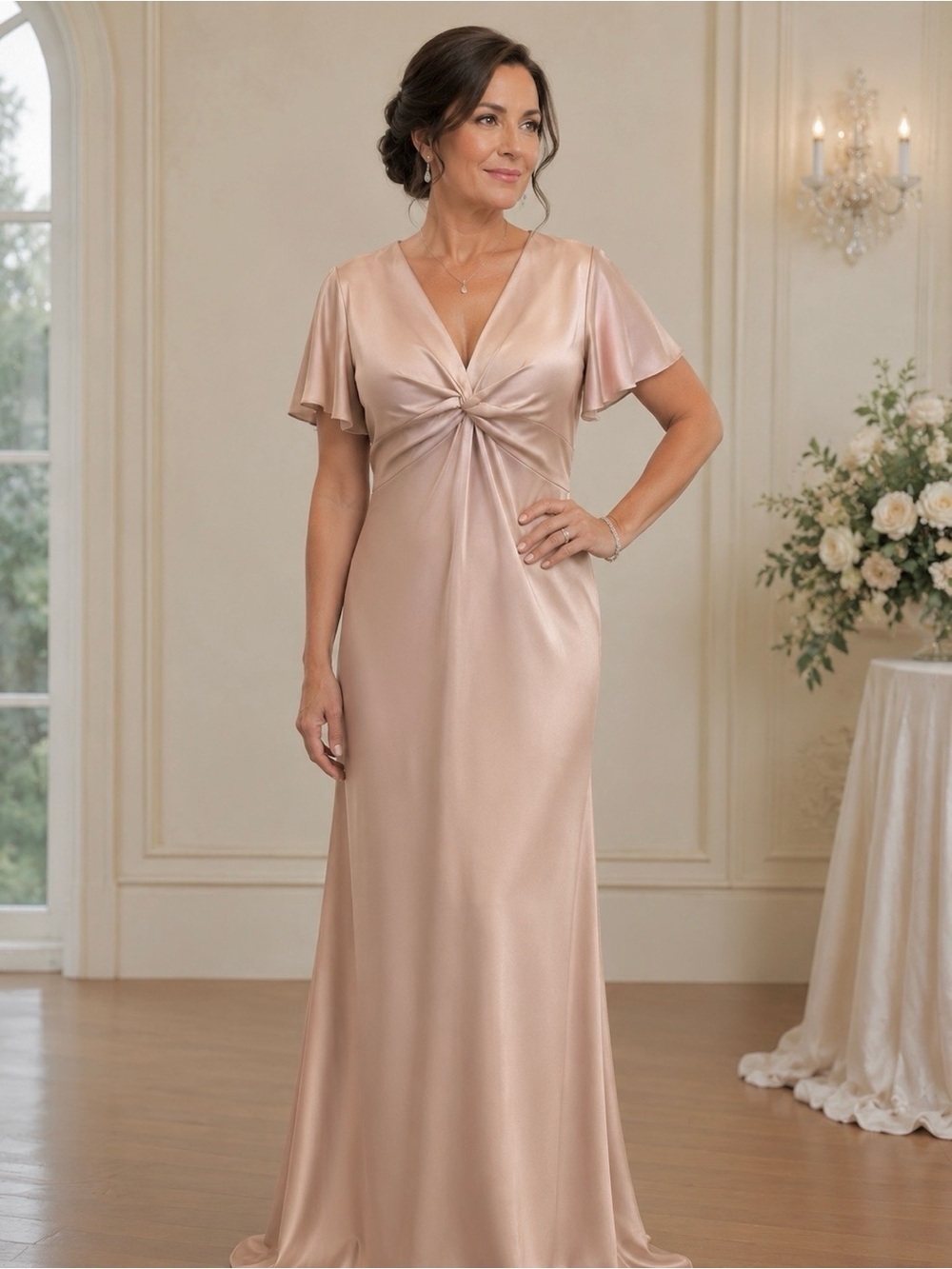 Show Me Your MuMu Champagne Satin Dress  Twist Maxi Wedding Mother of MSRP $198